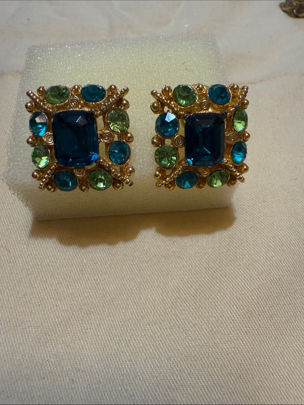 Gold-Tone Blue and Green Crystal Square pierced Earrings